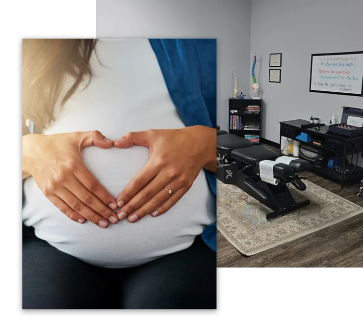 A pregnant woman with her hands in a heart shape over her baby bump