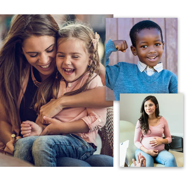 A collage of photos featuring a pregnant woman, a mother and daughter, and a strong child